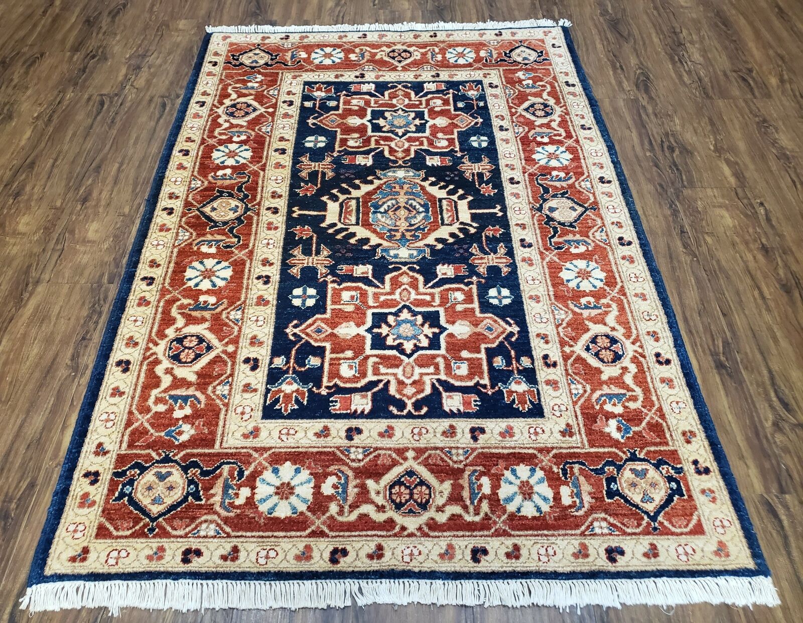 Vintage Turkish Area Rug 4x6 Wool Handmade Red & Blue Oriental Decorative Carpet