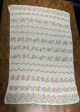 Handmade Crochet Baby Blanket Pastel Colors White And Rainbow Design