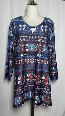 Allison Daley Women Tunic Blouse Shirt Top 2X 3/4 Sleeve Blue Red $69