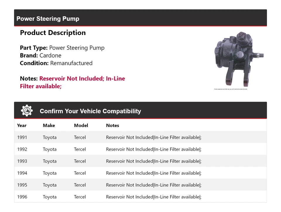 Bomba de dirección asistida Cardone para Toyota Tercel 1991-1996 1992 1993 1994 1995 Foto 2 de 4