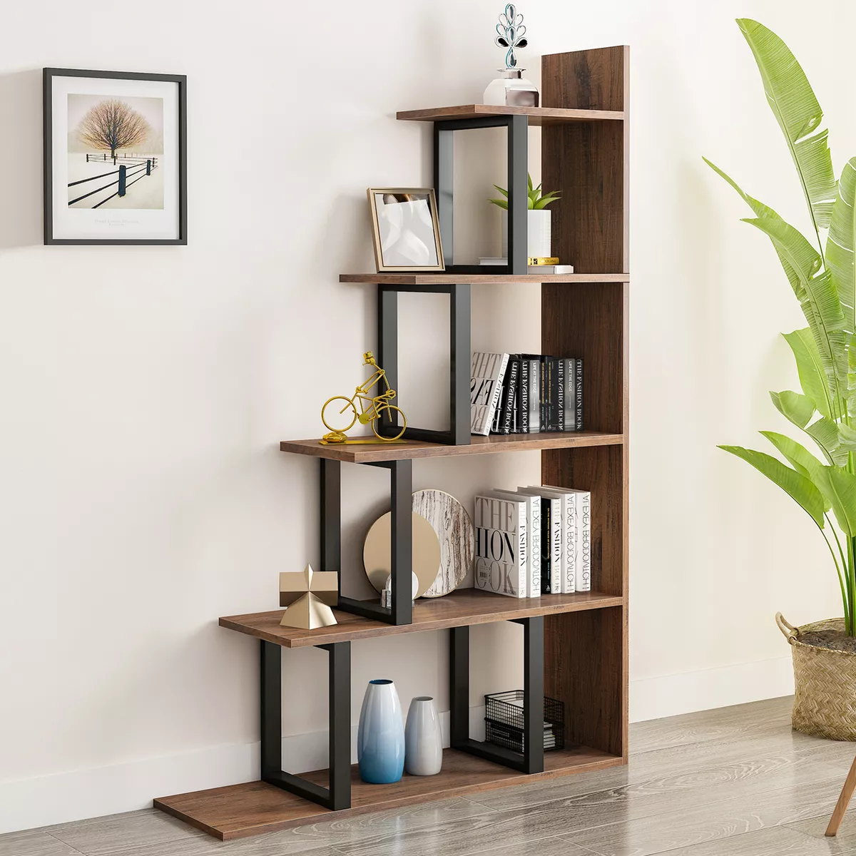 Ladder Corner Bookshelf 5 Tier Bookcase Storage Display Wood with Open Shelf