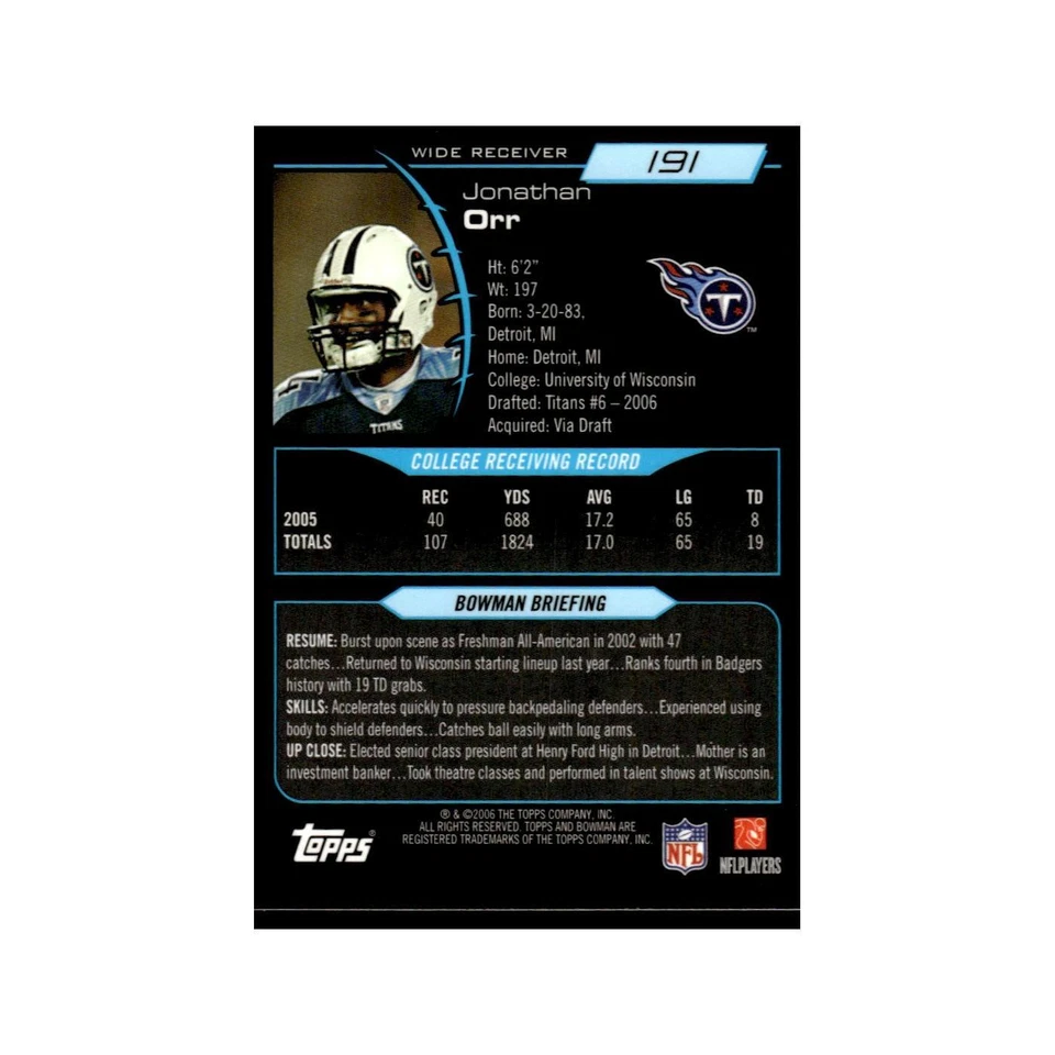 2006 Bowman Gold Jonathan Orr RC Titans #191 - Image 2 of 3