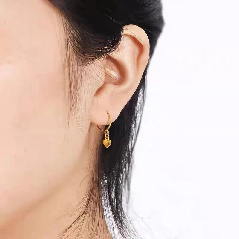 1PC Pure 999 24k Yellow Gold Hoop Women Lucky Circle Heart Dangle Earrings 1.14g - Image 2 of 4