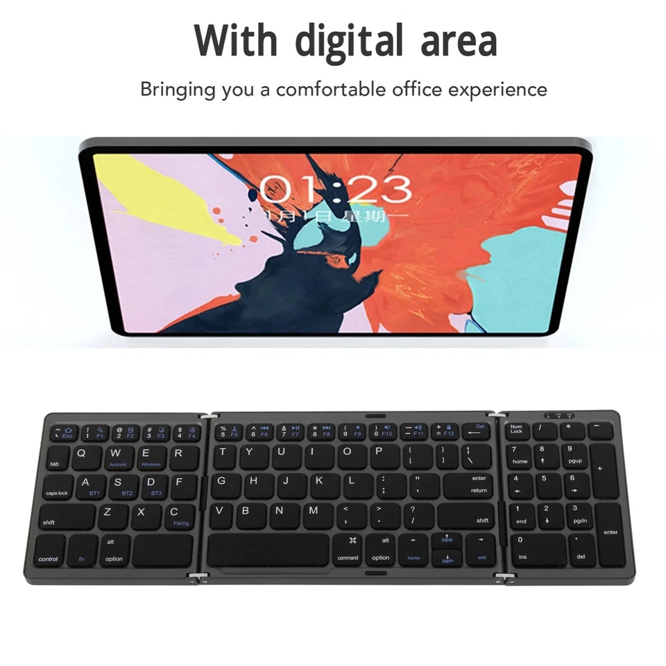 Foldable Wireless Bluetooth Keyboard Triple Fold Design For Laptop Tablet Phone - Image 2 of 4