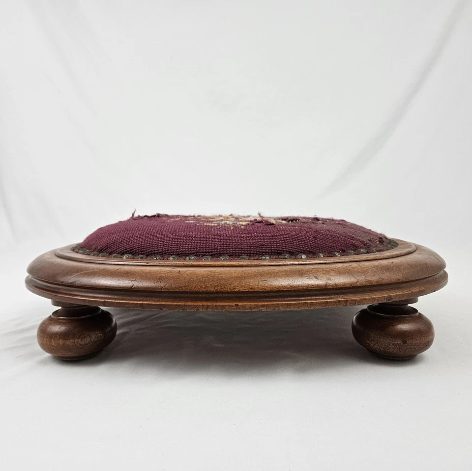 Antique Walnut Needlepoint Footstool Foot Rest Ottoman French Victorian Vintage - Image 4 of 4