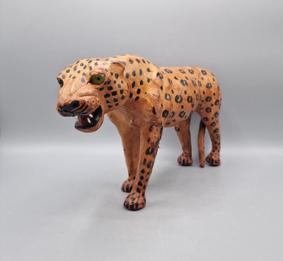 Vintage Hand Crafted Leather Wrapped Leopard Jaguar Sculpture Wildlife Art Decor