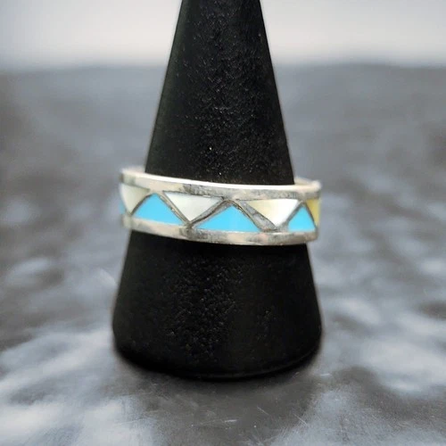 Sterling Silver 925 Turquoise Pearl Inlay Ring Vintage Southwestern Sz 9.5