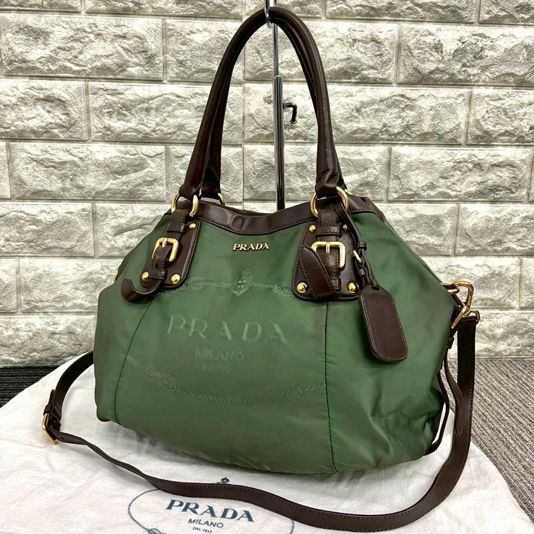 PRADA 2way Shoulder Bag Nylon Logo Green From Japan