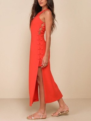 Lulus Masterfully Mod Bright Orange Side Button Midi Dress Size XS