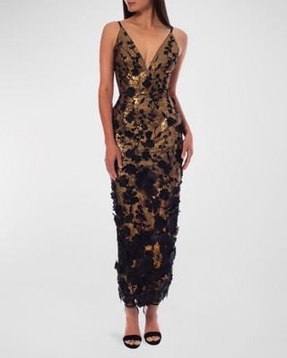 HELSI Norah Sequin Deep V-Neck Applique Gown NWT Black And Gold 3D Floral Print
