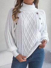 Ladies Pullover Sweater Winter High Roll Neck Cable Knitted Loose Tops Jumper UK