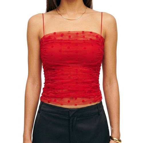 Reformation Amber Top Polka Dot Cherry Red Mesh Ruched Tulle Camisole 8
