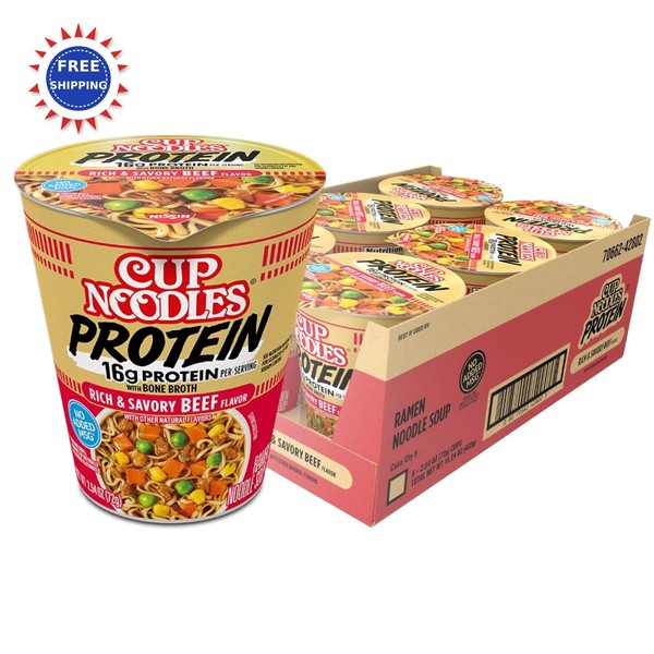 Taza Nissin Fideos Proteína Ramen Sabor Carne con Caldo de Huesos Paquete de 2.54 Onzas