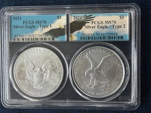 2021 SILVER EAGLE 2-COIN SET / Type-1 & Type-2 / PCGS MS-70 / Eagle Label
