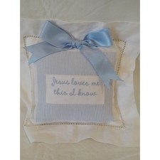 Baby Nursery Pillow Jesus Loves Me Blue White Embroidered Ribbon Accent