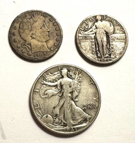 1909 Barbara Quarter, 1925 Standing Liberty Quarter & 1943 Walking Liberty Half