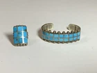 Vintage Sterling Silver Turquoise Mosaic Cuff Bracelet & Ring Set Southwestern