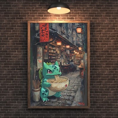 Bulbasaur Ramen Poster, Pokemon Anime Wall Art, Japanese Decor Print