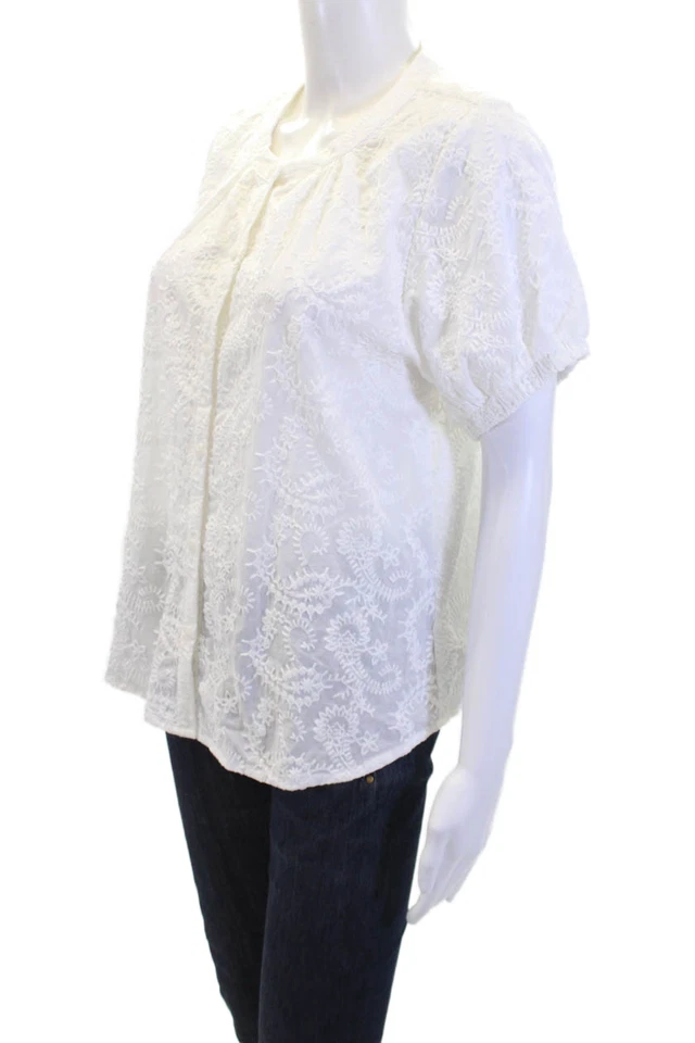 Espléndida blusa floral blanca de algodón de manga corta con cuello en V para mujer talla S Foto 2 de 4