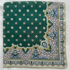 VTG Floral Medallion Handkerchief Green Cotton Border Damask Pocket Square 16" P