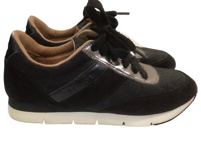 Calvin Klein Women s Tea CK Logo Black Metallic Silver Lace Up Sneakers