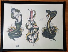 Earl Brown Traditional Vintage Style Tattoo Flash Sheet Snakes Dagger Girl
