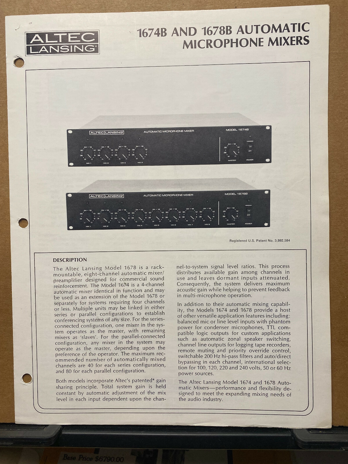 Owner Operating Instruction Manual ~ Altec 1674B 1678B Microphone Mixers