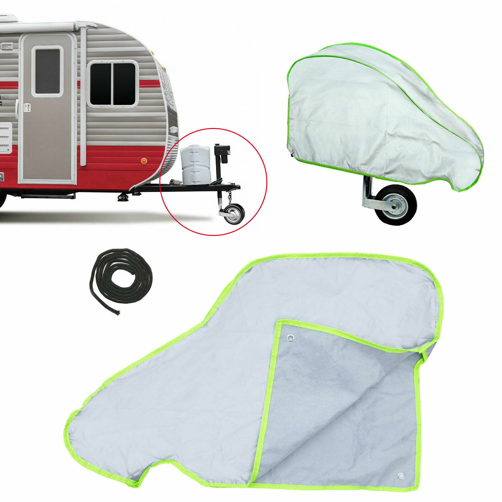 Caravan drawbar tow hitch cover camper trailer Silver With Strap Green