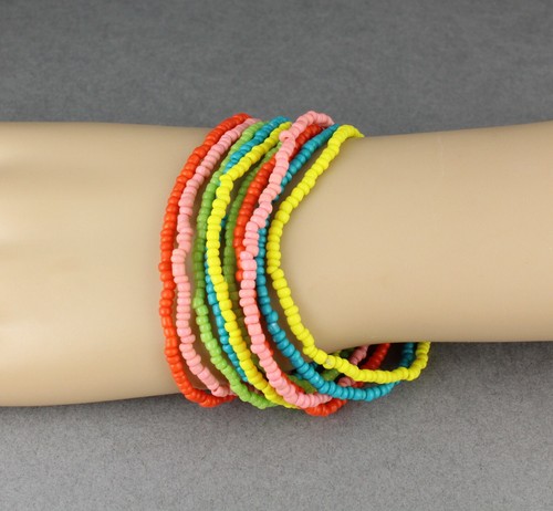 10 Teal Yellow Orange green Pink bracelets seed bead stretch set beaded stack - Picture 5 of 7
