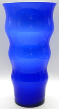 Large Cobalt Blue Art Glass Vase 17" Wavy Hand Blown Swung Ruffle Rim Decorative