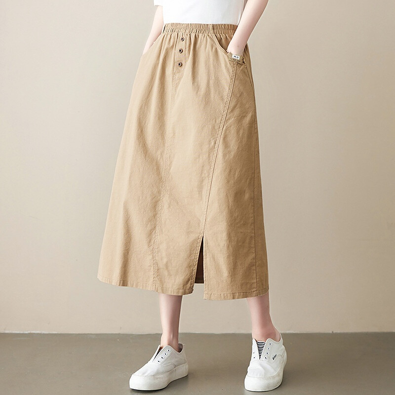 Women Casual Cargo Skirt Split Elastic Waist Cotton Blend Button Midi Chic Skirt