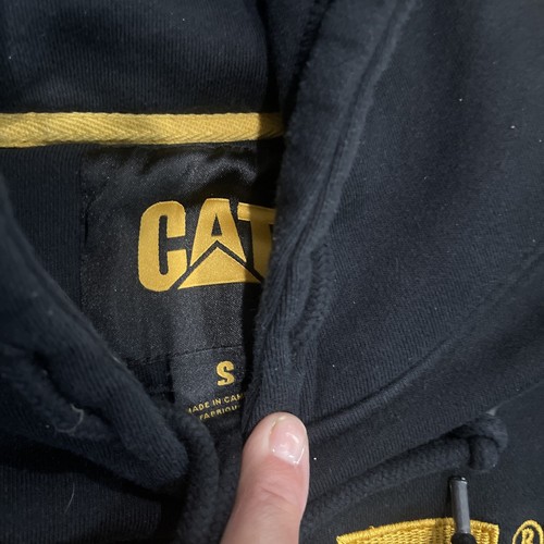 Caterpillar Hoodie Black Heavy Duty Sweater Yellow CAT Logo Mens Size Small - Picture 3 of 9