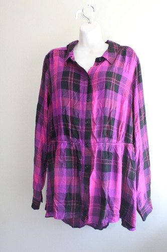 Camisa Lane Bryant Mujer Plus 18 1X Franela Rayón Cuadros Púrpura Cintura Elástica - Imagen 4 de 7