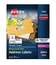 Avery 5520 Weather Proof Address Labels Laser 1 x 2 5/8" White 1500 Labels (50 s