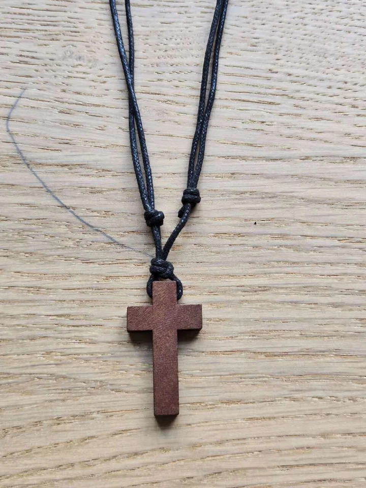 NEW WOODEN CROSS NECKLACE PENDANT CHARM WOOD BLACK CORD JESUS CRUCIFIX MEN WOMEN - image 4 of 4