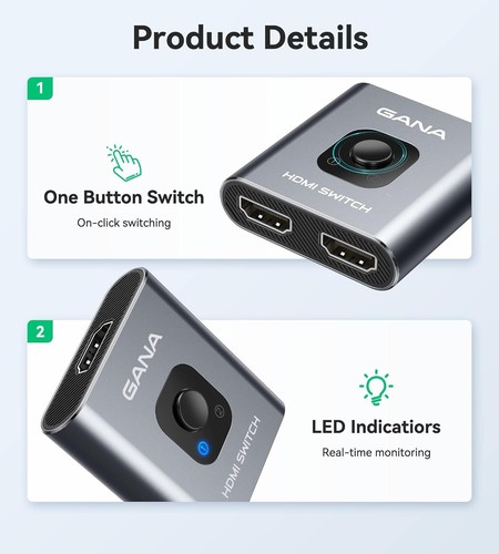 Sdoppiatore HDMI, Switch HDMI 4K 2 in 1 Out o 1 in 2 Out, Switcher HDMI in Alluminio f - Foto 9 di 9