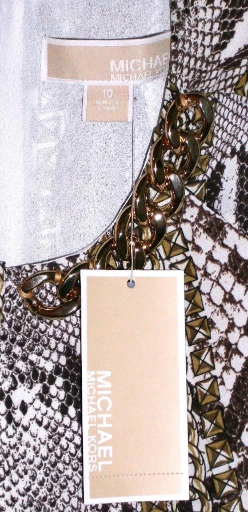 Abito Michael Kors nuovo con etichette stampa serpente catena oro georgette cambio $225