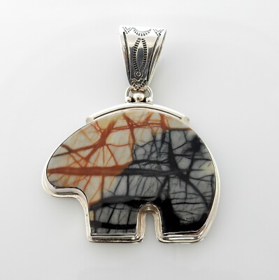 Large One of  a Kind Handmade Picasso Marble Sterling Silver Bear Drop Pendant