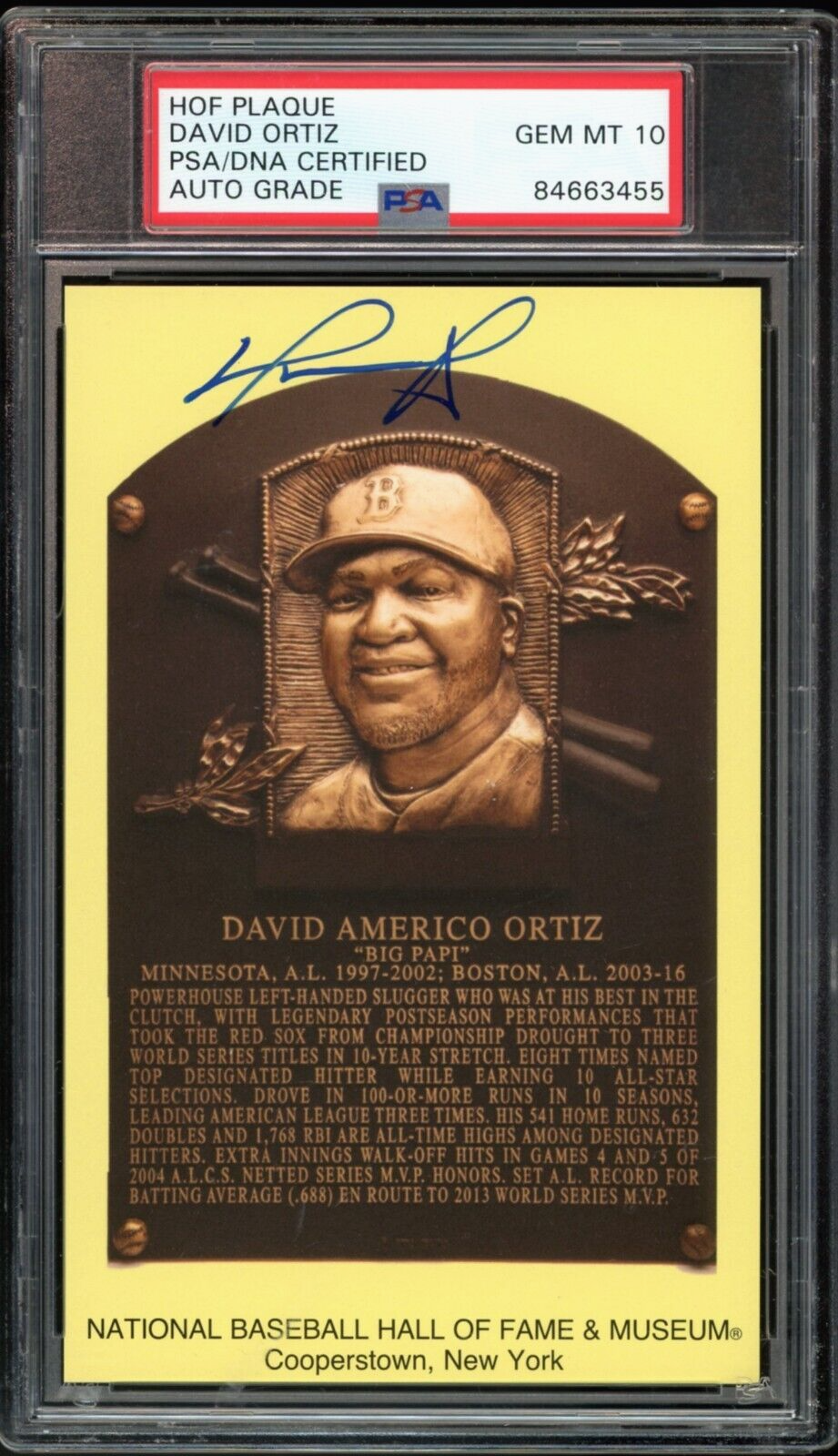 David Ortiz Autographed Signed New York Yankees Red Sox HOF 2022 Plaque Postcard PSA/DNA Auto 10 GEM MINT 