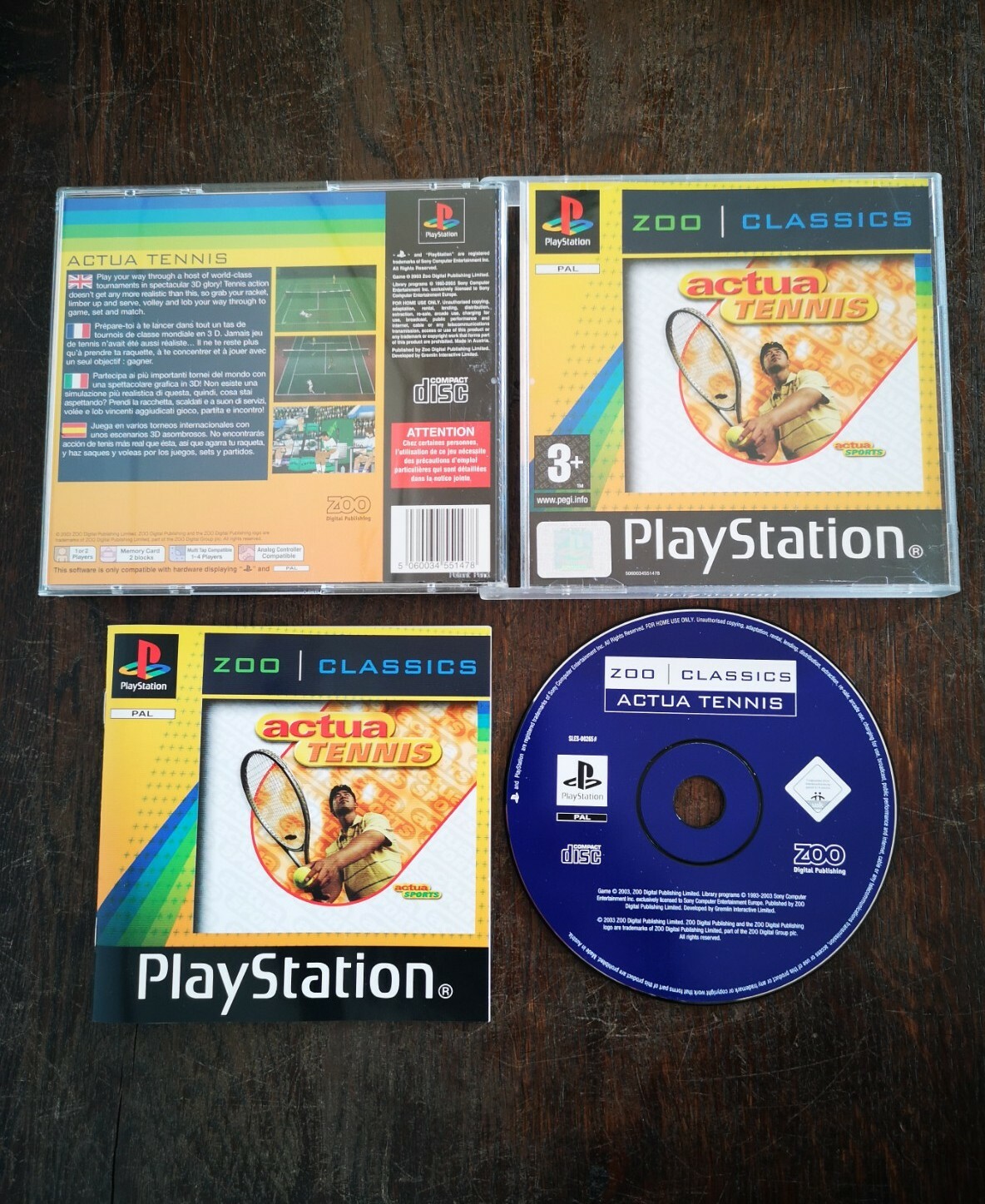 2003 Jeu Vidéo Ps1 PlayStation ACTUA TENNIS Zoo Classics Complet PAL FR Sport 