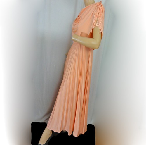 Vintage 1970s Peach Jersey Pleated Skirt Maxi Party Dress Lacy Draped Disco Gown - Picture 6 of 10