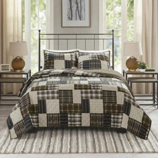 NEW  CLASSIC PLAID BROWN COUNTRY WESTERN BLACK BLUE LOG CABIN LODGE QUILT SET