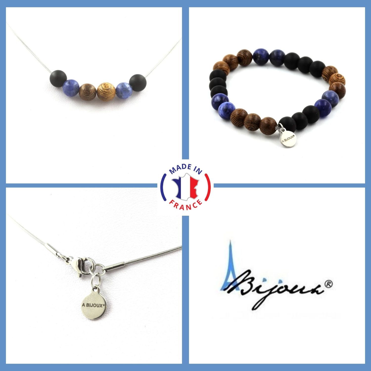 Parure perles sodalite onyx mat 8 mm anti-stress et concentration