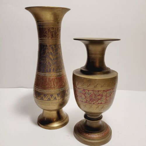 2 VTG Etched Brass Vases Engraved Painted Floral Vase Pair ~India~ Numbered Boho - Picture 1 of 9