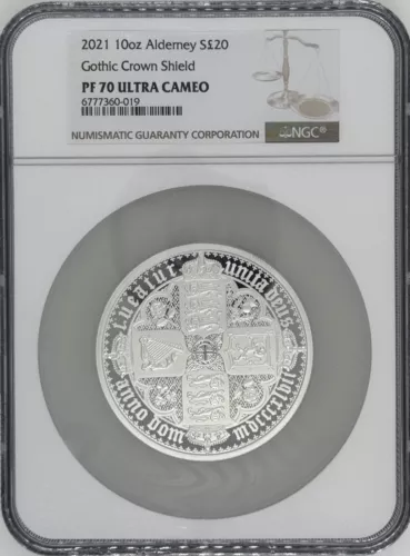 2021 Alderney Gothic Crown Shield 10 oz Silver NGC PF-70 UCAM