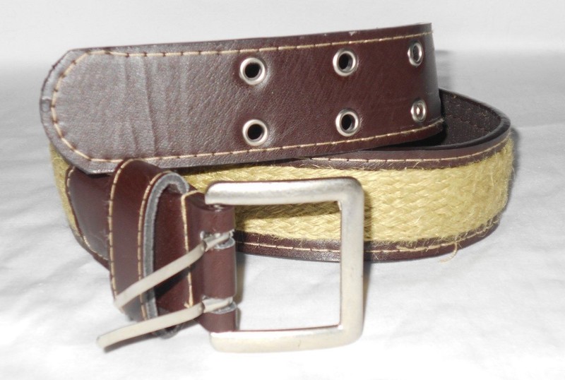 Womens Canvas Silvertone Buckle Metal Double Holes Brown Tan Belt Sz M 42.5"