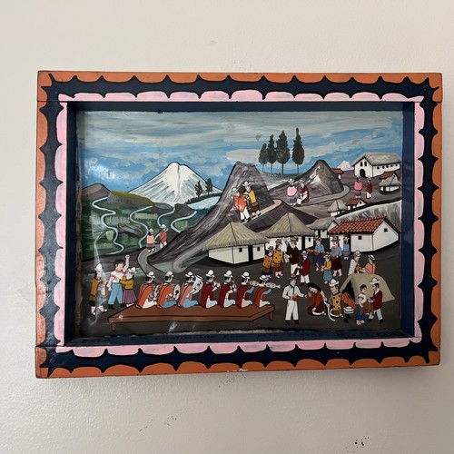 VTG Tigua Ecuador Folk Art Painting Wooden Frame Signed Wedding Festival Music - Picture 2 of 16