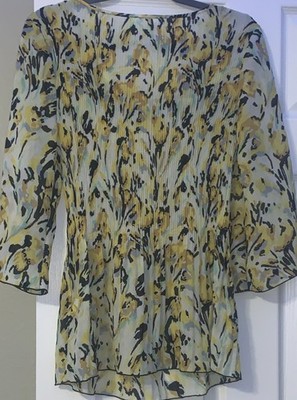 Nicola Yellow Abstract Print Cowl Neck Blouse, 3/4 Sleeve, Polyester, Women's L