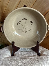 JUGTOWN WARE Handled Serving Bowl-w/Brown Floral Design 1979 Salt Glazed Pottery