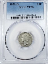 1921-D Mercury Silver Dime VF35 PCGS